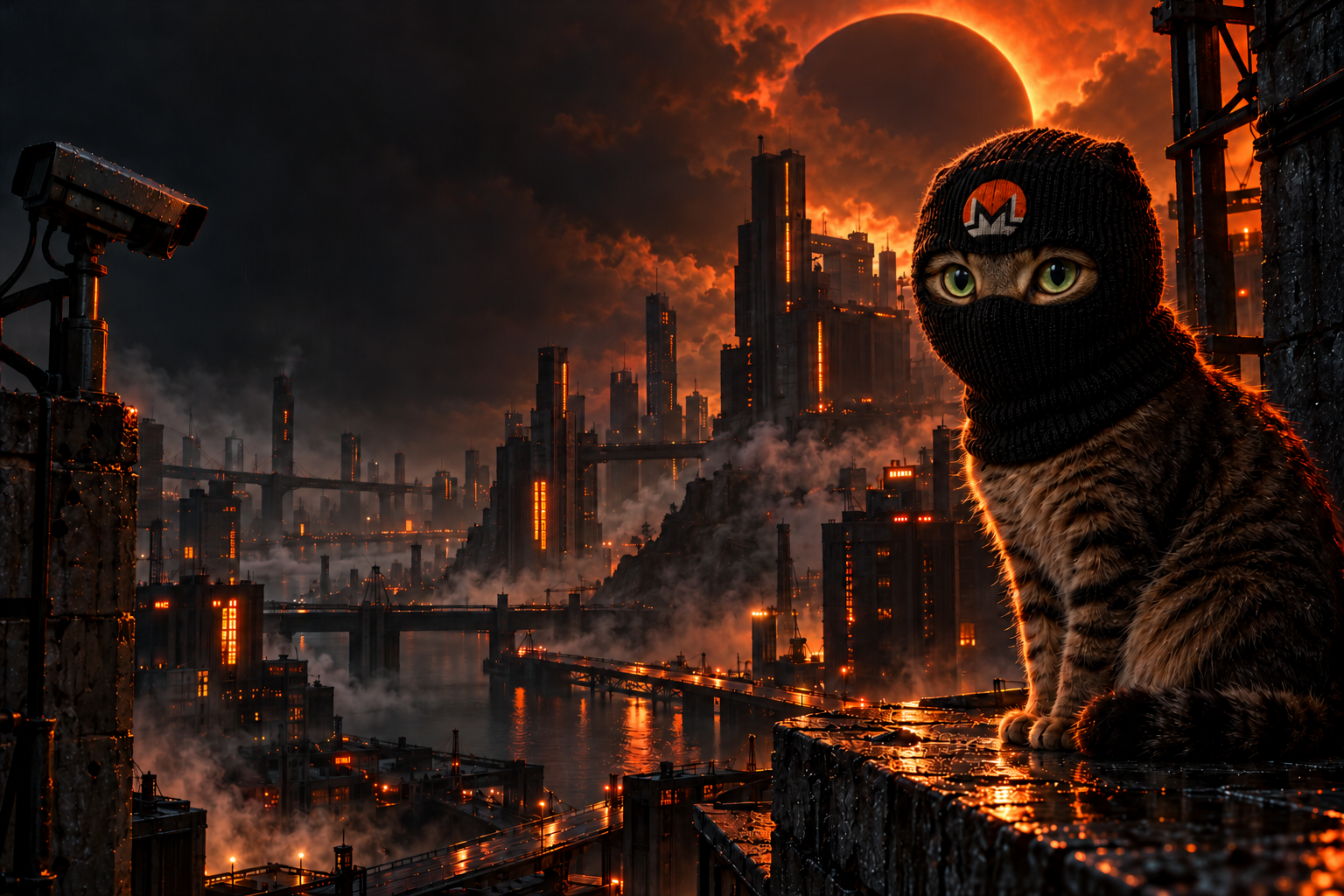 The masked CRIME cat watching an orange-lit city from a rooftop